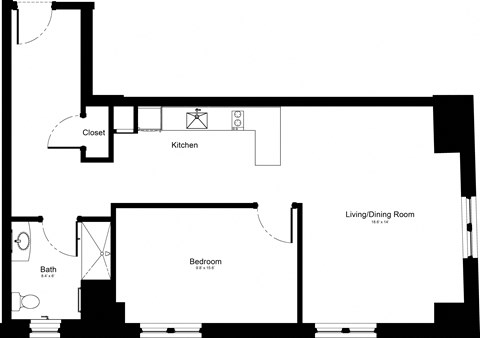 Floor plan for 1 bed, 1 bath, 740 sqft